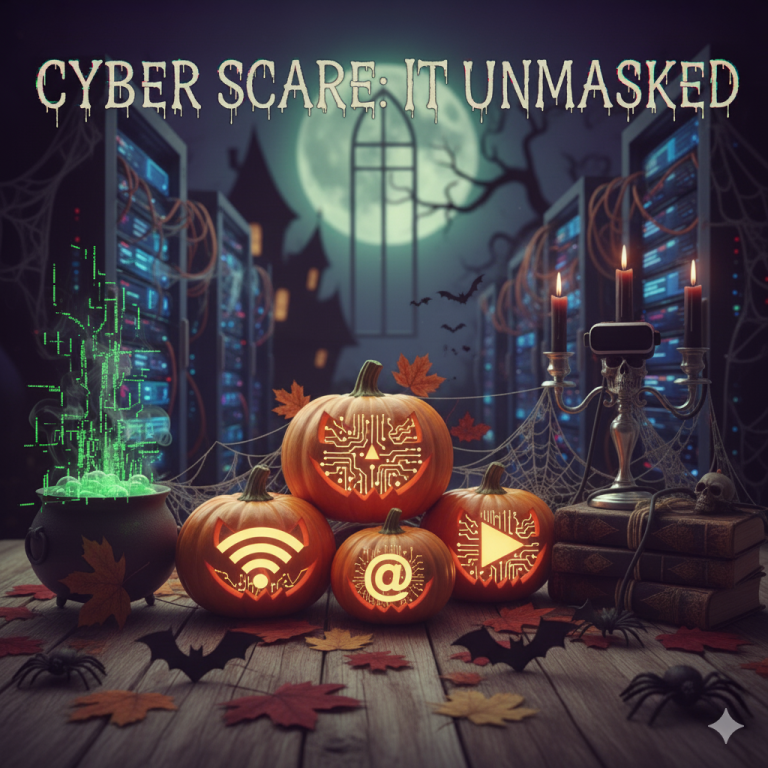Halloween decorations including tech-themed jack-o-lanterns, a cauldron with glowing code, and a haunted server room under a full moon. Title 'Cyber Scare: IT Unmasked'